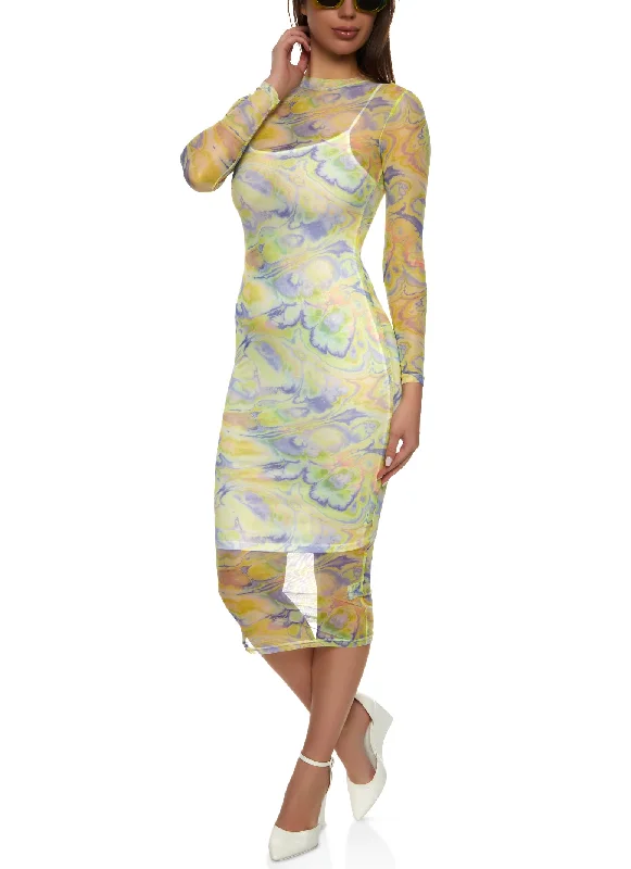 Weekend Shopping Extravaganza Marble Print Mesh Long Sleeve Midi Dress