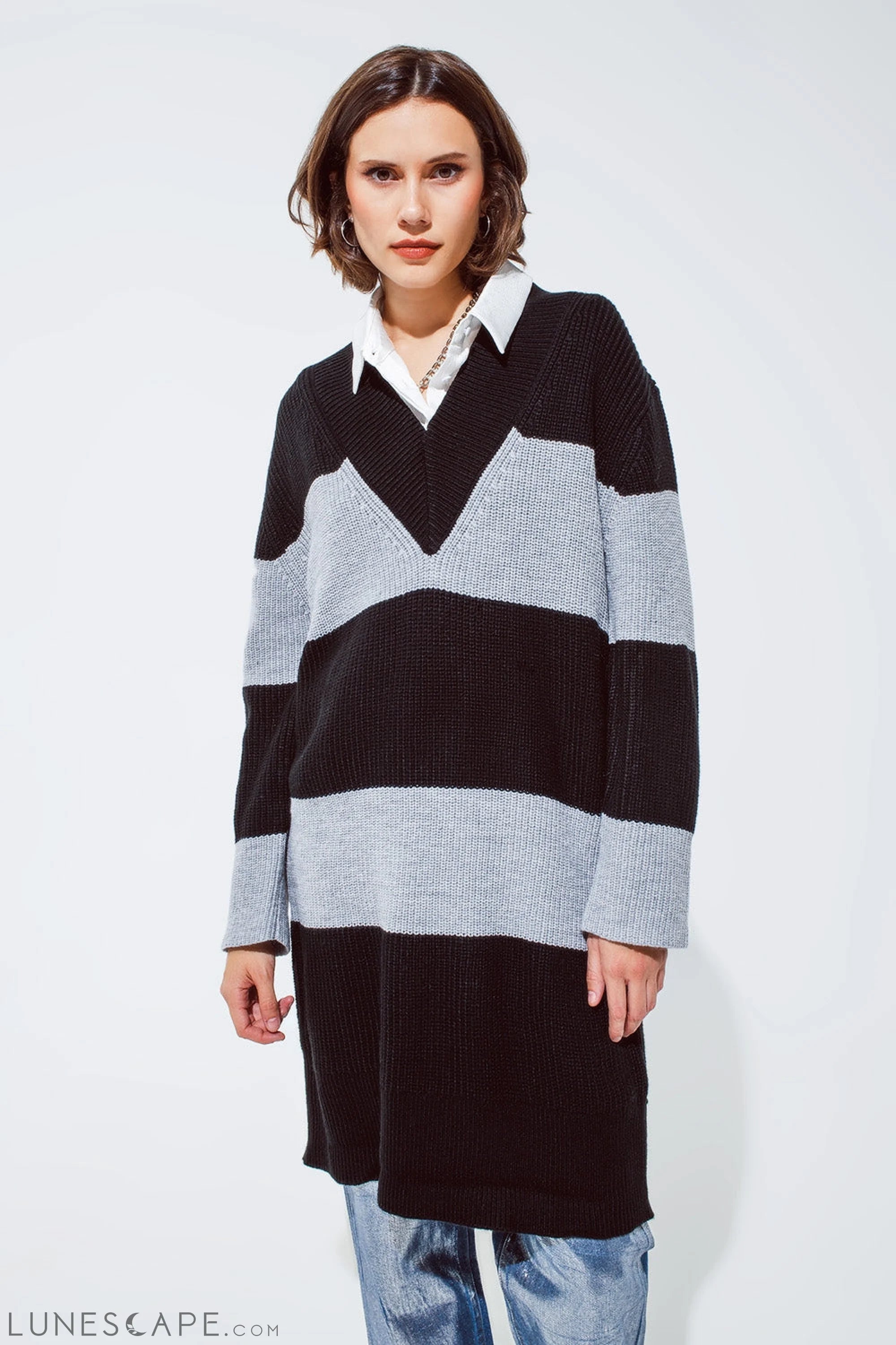 Weekend Hot Picks Oversized MIDI Knitted Dress With Stripes and a Wide v Neck