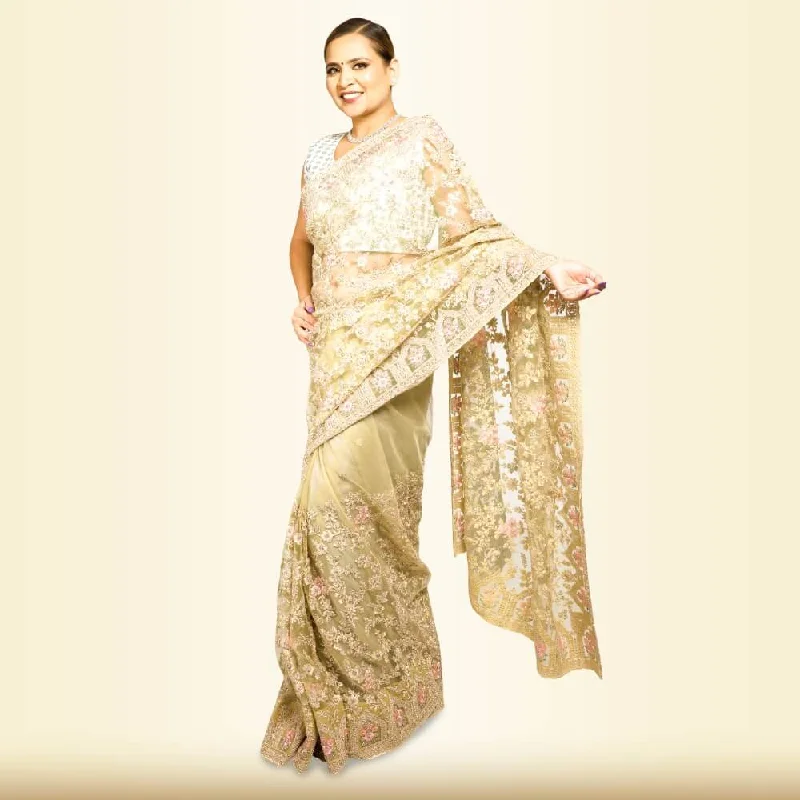 Weekend Exclusive Offers Pure Net Heavy Embroidered Wedding Saree - Biege