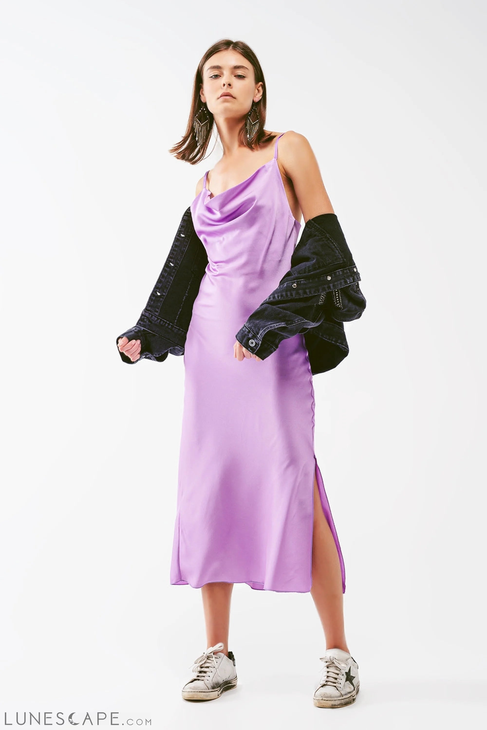 Weekend Only Deals Satin Midi Dress With Cowl Neck in Lilac