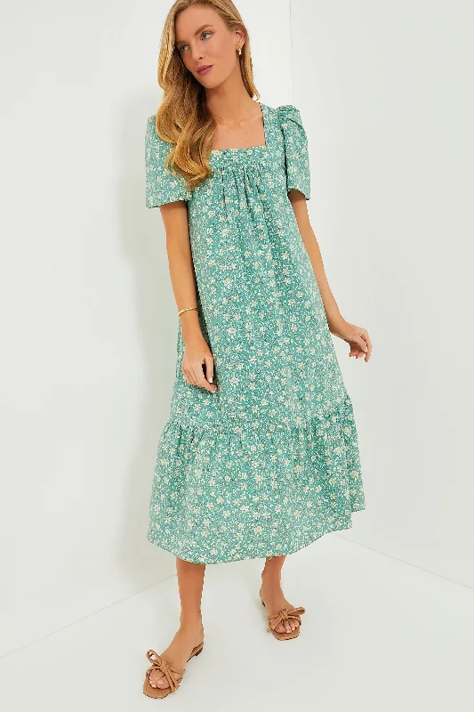 Weekend Shopping Fiesta Sea Green Floral Square Neck Gracie Midi Dress