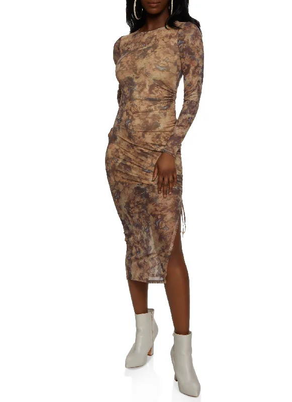 Weekend Super Sale Mesh Printed Ruched Side Slit Midi Dress