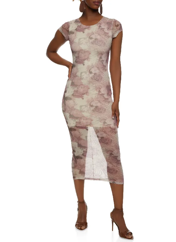 Weekend Mega Deals Mesh Printed Short Sleeve Midi Dress