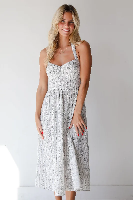 Big Sale Event FINAL SALE - Breezy Composure Blue Striped Floral Halter Midi Dress