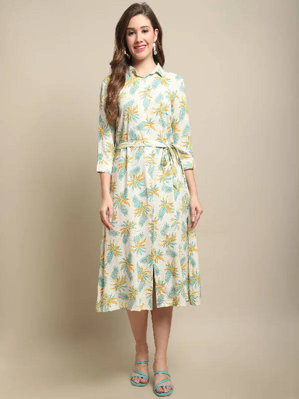 Unseen Savings Women's Casual Shirt collar Cream Floral Print Shirt Dress