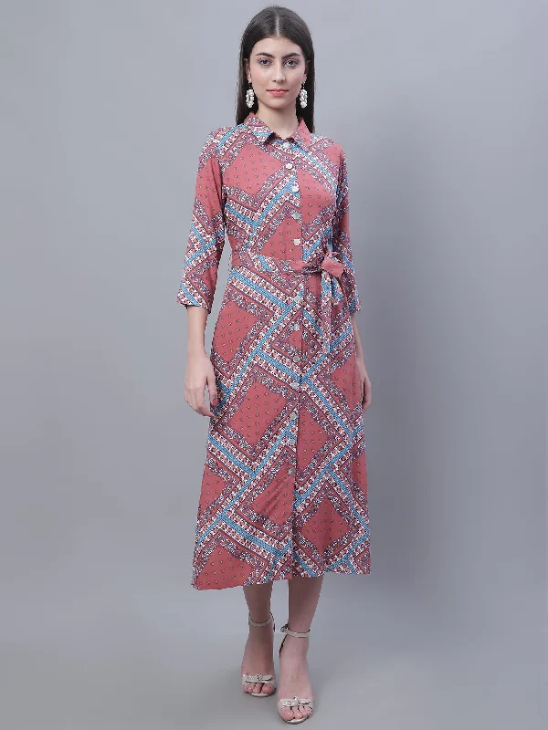 Shop & Save Big Women's Casual Shirt collar Multi Color Geometric Print Shirt Dress