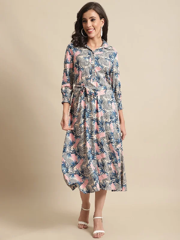 Unbeatable Offer Women's Casual Shirt collar Multi Color Tropical Print Shirt Dress