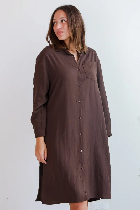 Exclusive Pricing Cherished Chicness Brown Button Front Midi Dress