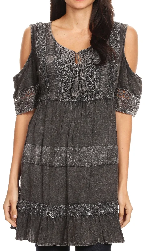Hot Picks Sakkas Gerel Women's Cold Shoulder Summer Bohemian Swing Midi Dress with Ties Nice Hot Picks Sakkas Gerel Women's Cold Shoulder Summer Bohemian Swing Midi Dress with Ties Nice