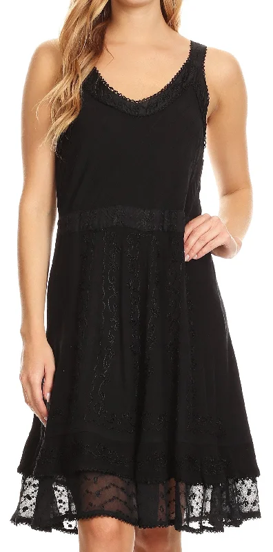Exclusive Offer Sakkas Dalila Sleeveless Midi Dress Stonewash with Embroidery and Crochet Lace Exclusive Offer Sakkas Dalila Sleeveless Midi Dress Stonewash with Embroidery and Crochet Lace