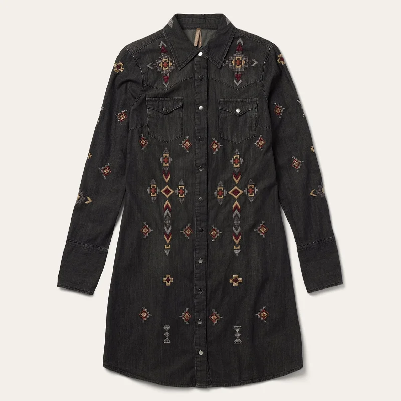 Big Discount Event Embroidered Black Denim Shirt Dress