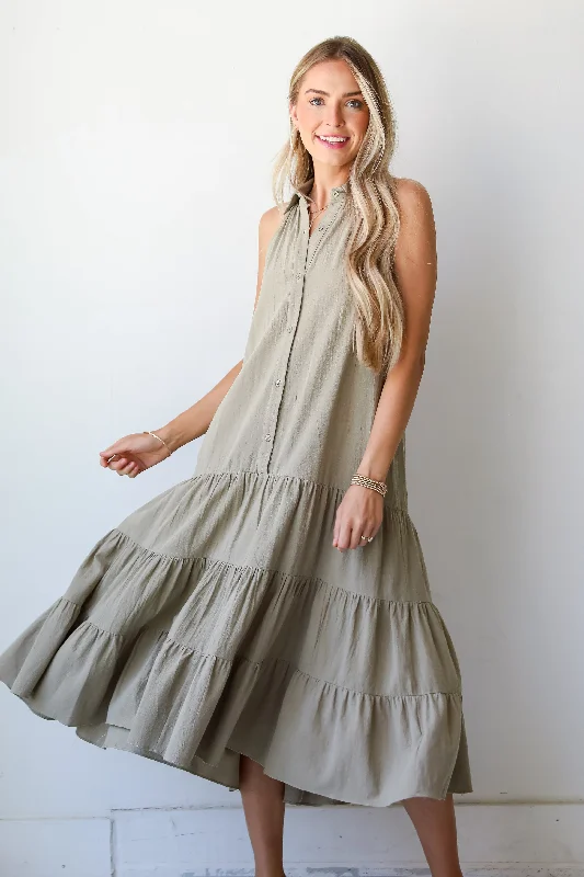 Deal of the Week FINAL SALE - Sweet Destiny Light Olive Tiered Midi Dress