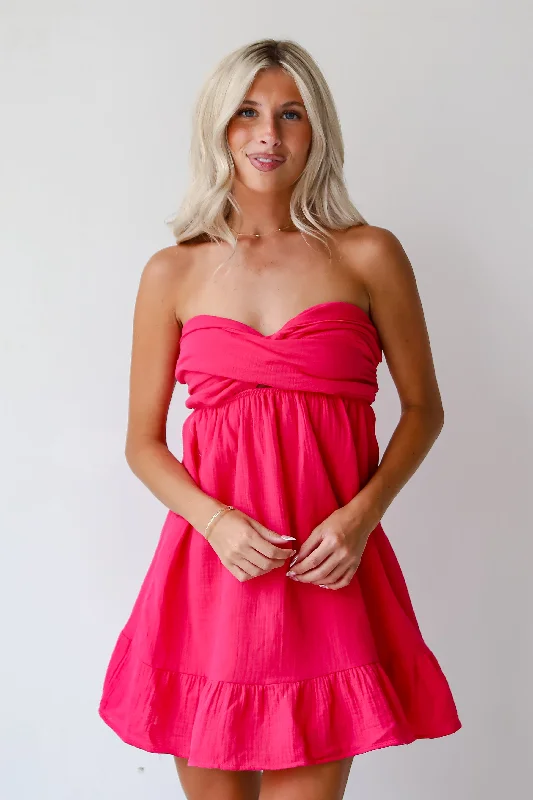 Hurry, While Stocks Last FINAL SALE - Adorable Character Fuchsia Strapless Linen Mini Dress