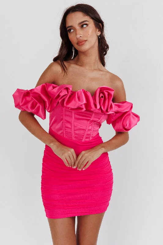 Arista Off-Shoulder Ruched Mini Dress Hot Pink