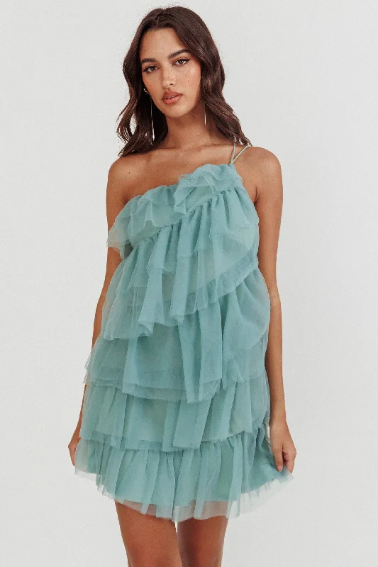 Weekend Discount Blast Arrabel Tiered Ruffle Mesh Mini Dress Sage