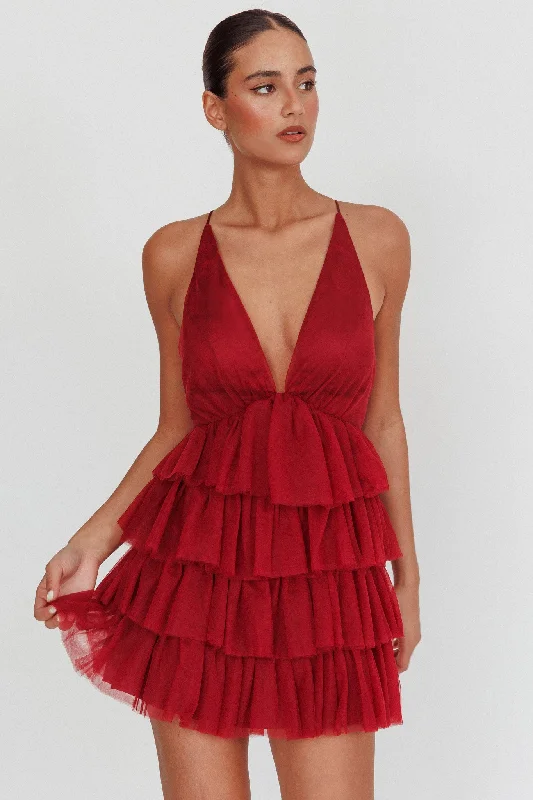 Auguste Tiered Frill Mini Dress Burgundy