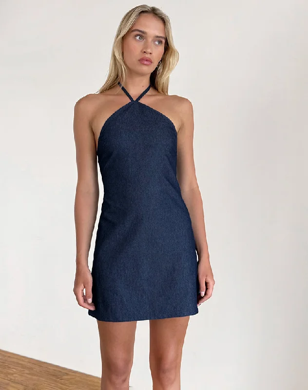 Weekend Offers Galore Belinda Halterneck Mini Dress in Denim Chambray Indigo