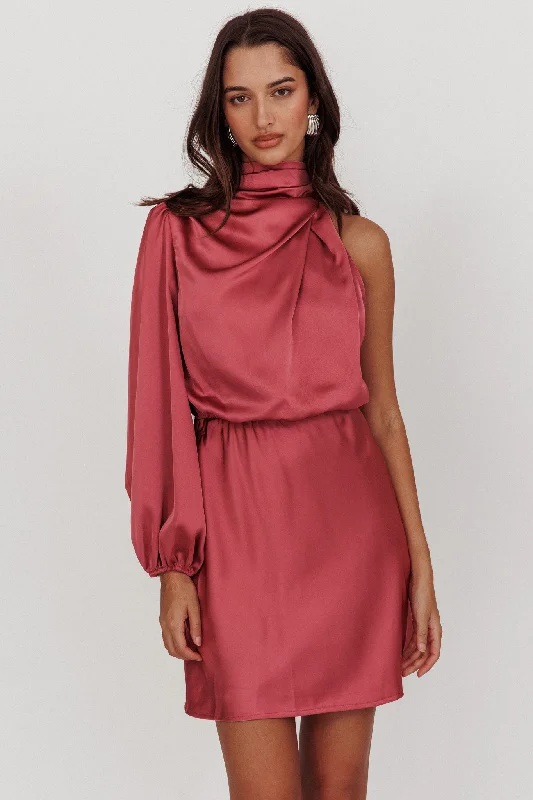 Weekend Special Sale Can't Compete One Sleeve Satin Mini Dress Dusty Pink