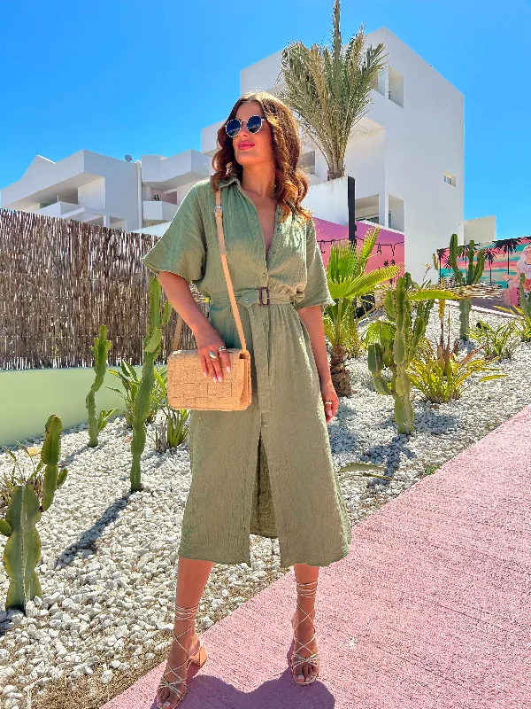 Weekend Offers You Can’t Miss Cant Help Myself - Khaki Midi Shirt Belt Dress