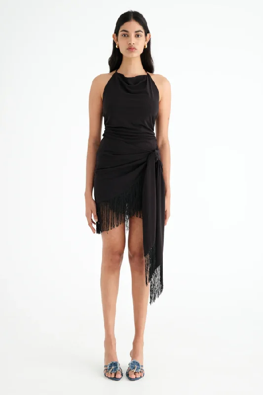 Carolina Fringe Halter Dress Black