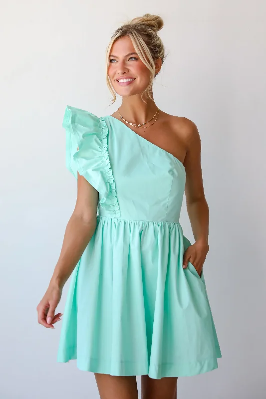 Limited-Time Flash Deal FINAL SALE - Charming Glamour Mint One-Shoulder Mini Dress