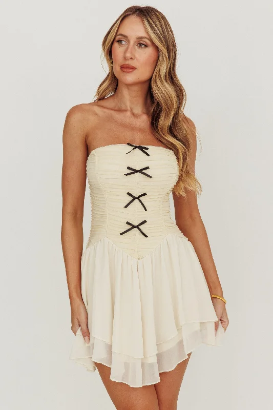 Weekend Flash Discount Cherry Lips Strapless Chiffon Mini Dress Cream