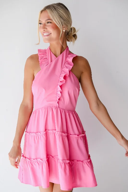 Weekend Hot Offers FINAL SALE - Cutest Feeling Pink Halter Ruffle Mini Dress
