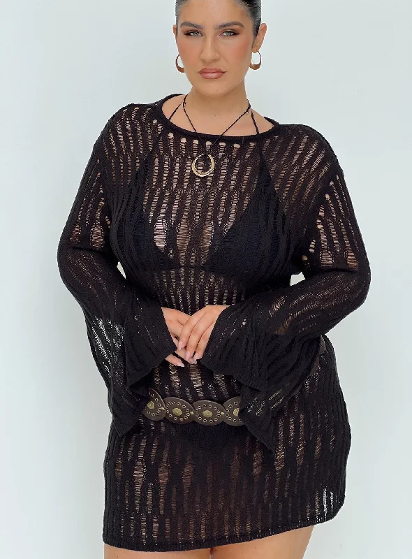 Weekend Price Slash Cylian Long Sleeve Knit Mini Dress Black Curve