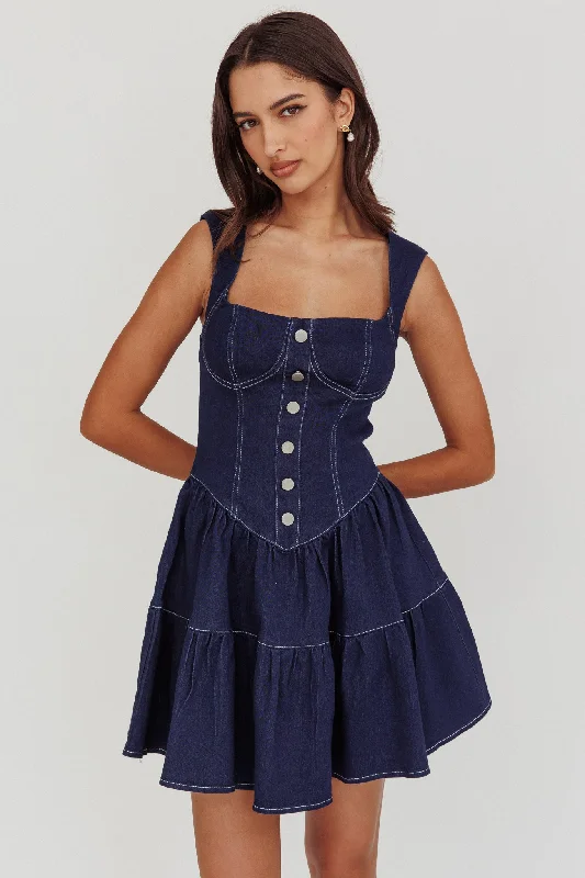 Super Price Drop Deep Dive Square Neck Mini Dress Indigo