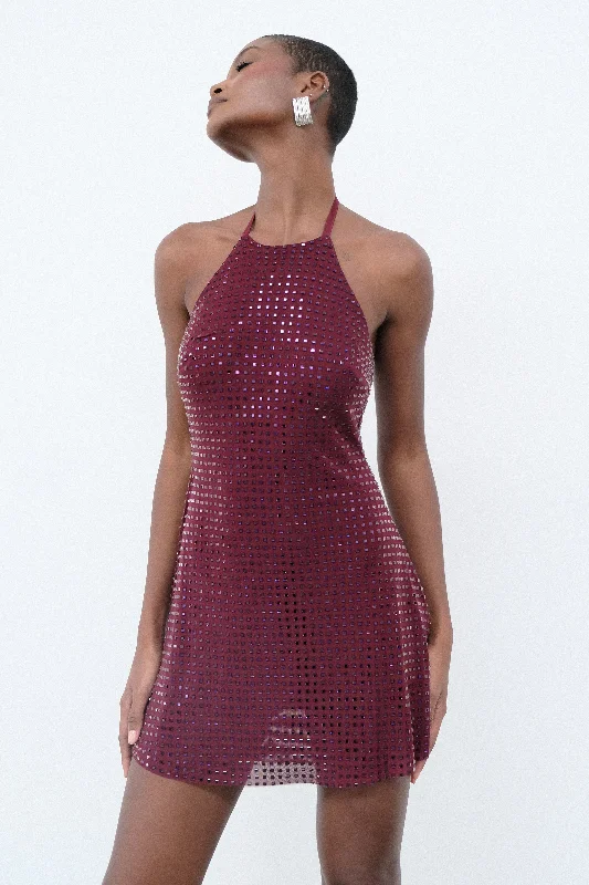 Weekend Special Bargains Dorothy Square Diamante Halter Mini Dress - Burgundy