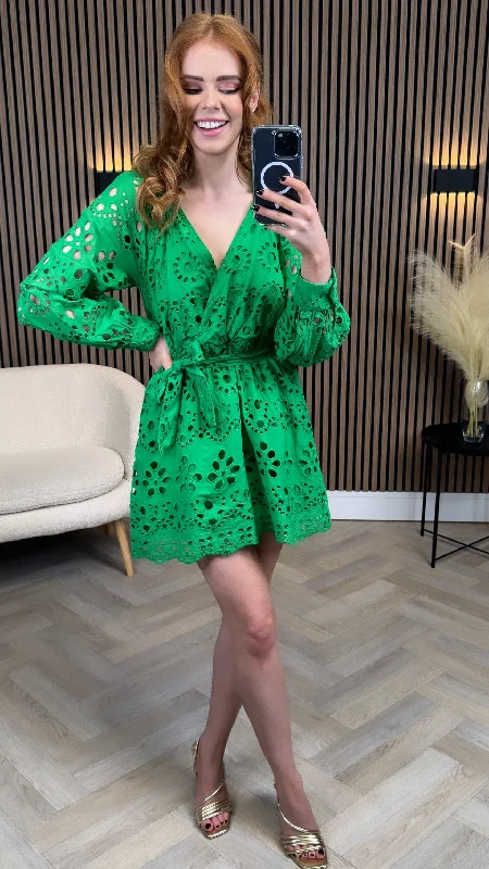 Weekend Flash Deals Elodie Green Broidery Wrap V Neck Mini Dress