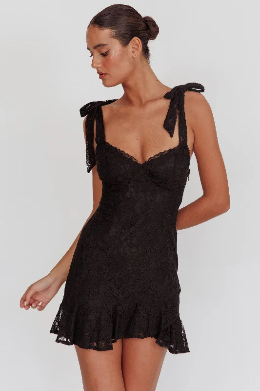 Weekend Exclusive Bargains Emine Bow Shoulder Lace Mini Dress Black