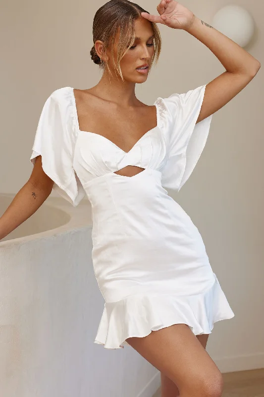 Eyes On You Pleated Bust Angel Sleeve Ruffle Hem Dress White