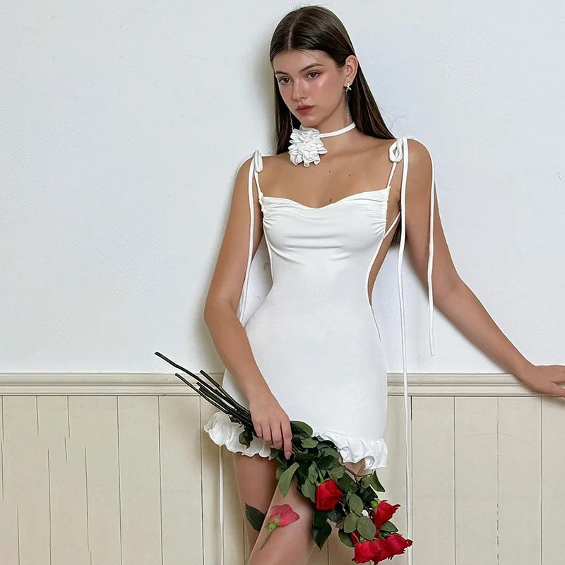 Weekend Sale Extravaganza White Backless Sexy Spaghetti Straps Bodycon Party Summer Fashion Sleeveless Ruched 2024 Mini Dress