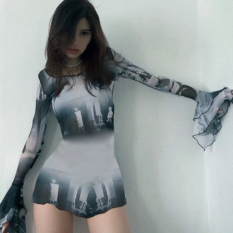 Weekend Super Sale Alert Mesh Print Flare Sleeve Sexy Summer Chic O-neck Bodycon Party Outfits Streetwear 2024 Mini Dress