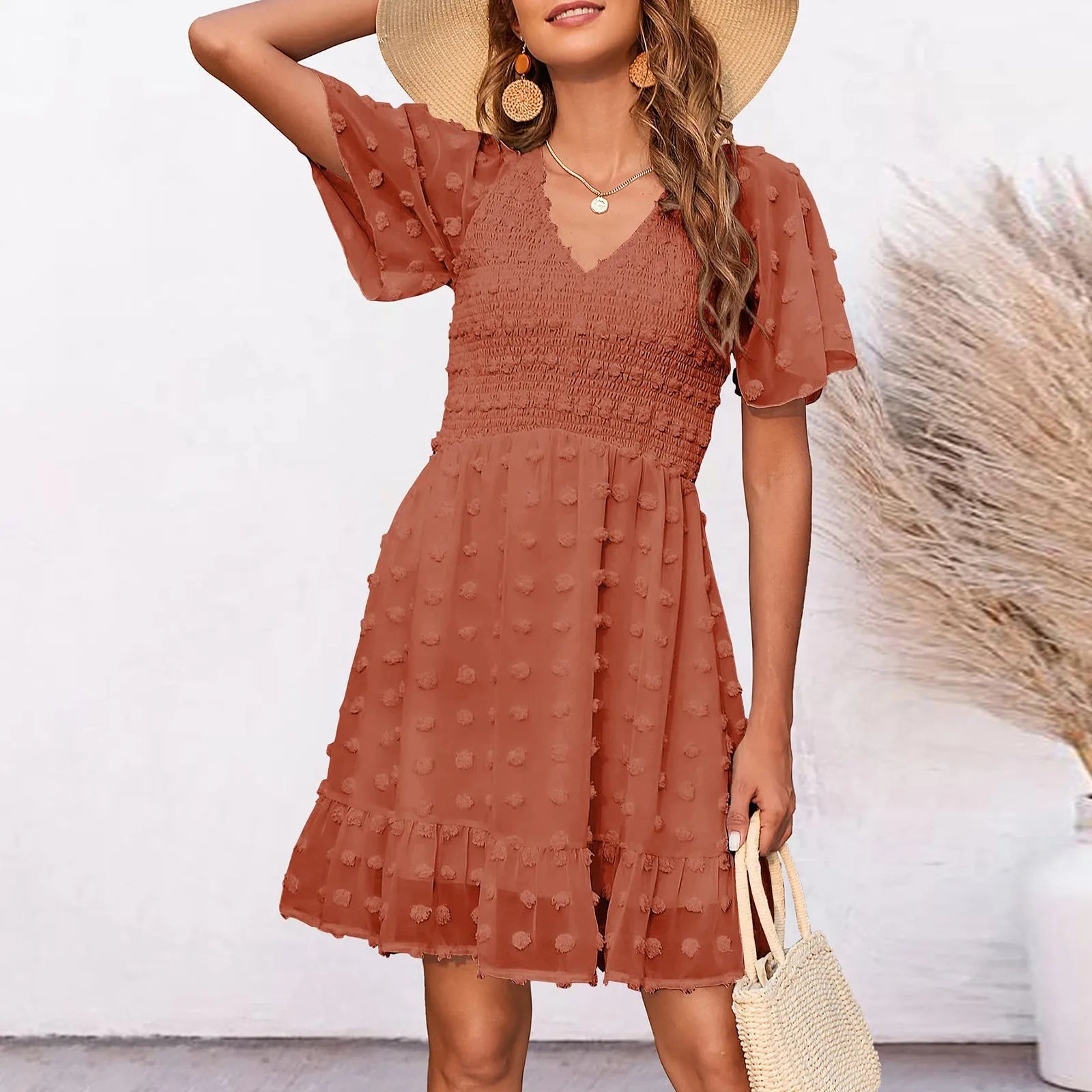 Chiffon Smocked Fur Ball Point Short Sleeve Holiday Beach A-line 2024 Summer Female Sun Mini Dress