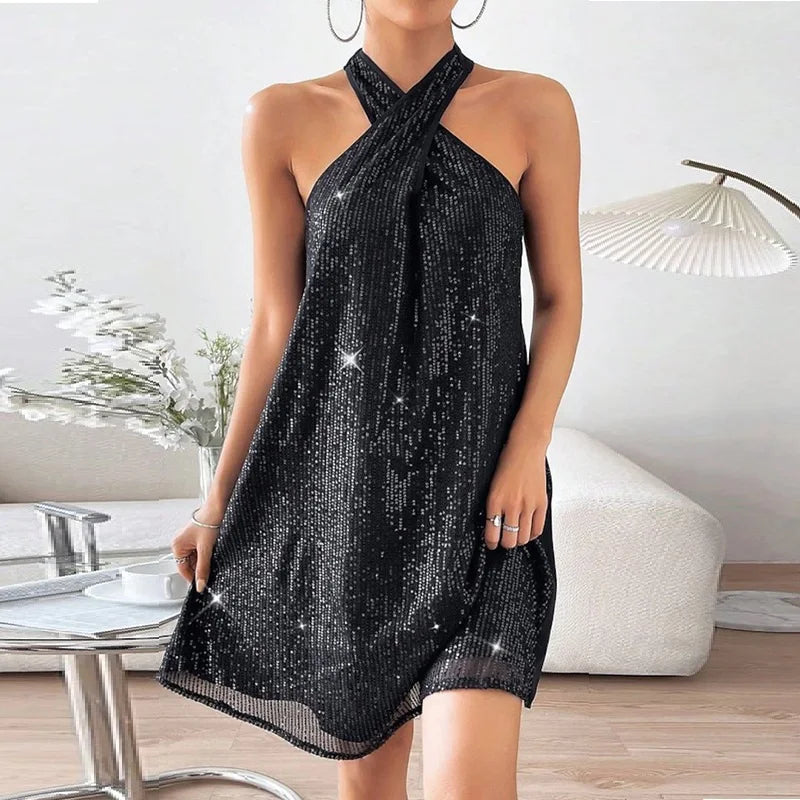 Weekend Shopping Spree Sexy Cross Neck Summer Women's 2024 New Casual Skinny Off Shoulder Sequin Mini Dress