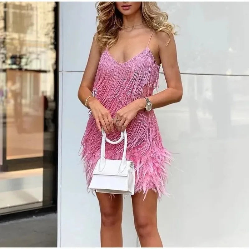 Weekend Only Sale Sexy Fashion Tassel Sequin Sling Summer Women's Birthday Party V-neck Feather Splicing Mini Dress