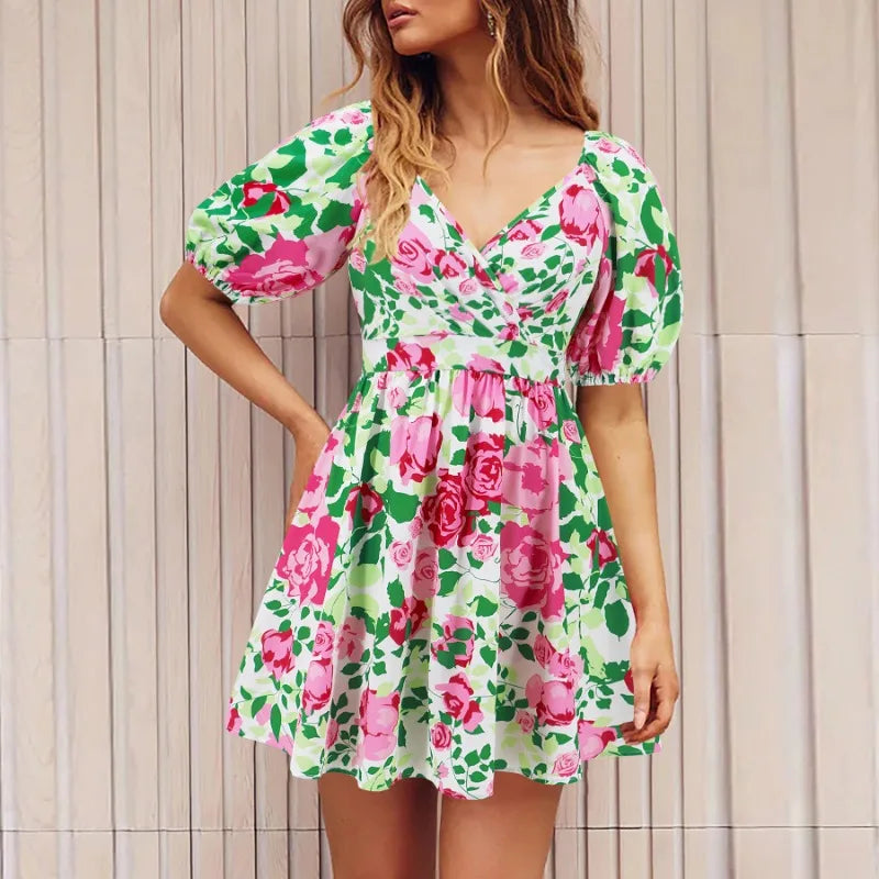 Shop & Save Instantly Elegant Floral Print Summer Women's V-Neck Short Puff Sleeve Lace-up Beach Holiday Mini Dress