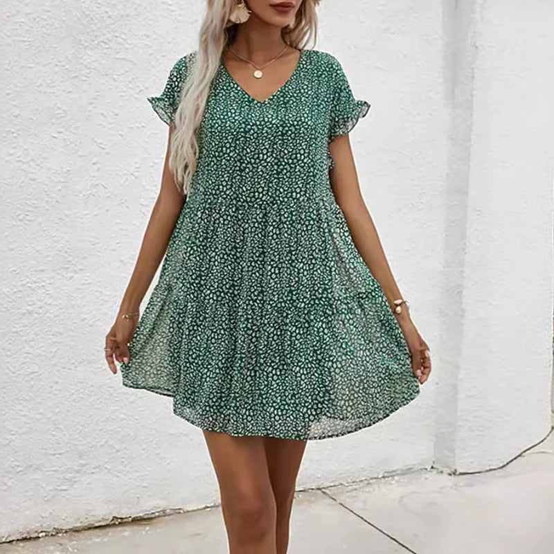 Price Cut Alert Elegant Leopard Print Floral Prints Summer Women 2024 New Loose V-Neck Ruffled Short Sleeved Mini Dress