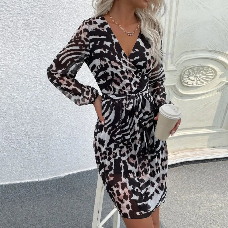 Limited Offer Elegant Leopard Print Autumn Women's 2024 New V-neck Full Lantern Sleeve Mini Dress