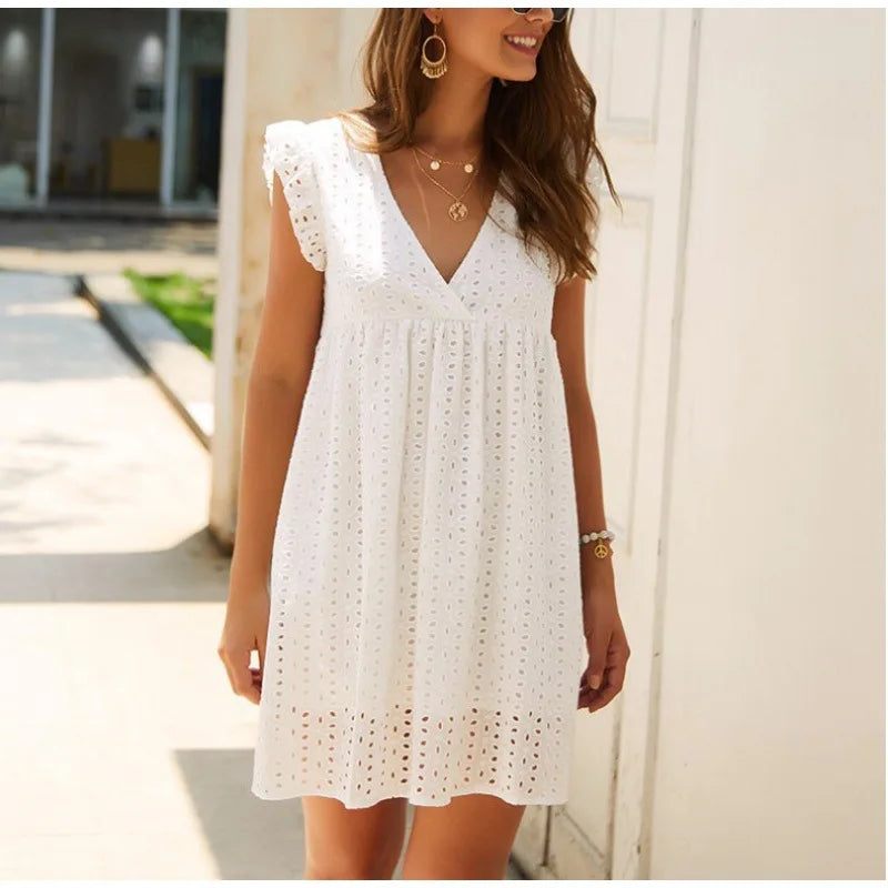 Offer of the Day Casual Hollow Short Flying Sleeves Summer Women's 2024 New V-neck Lace Lining Mini Dress