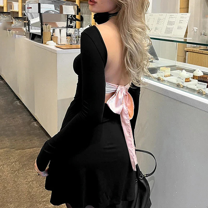 Weekend Deal Rush Sexy Backless Lace up Summer Women's 2024 NEW Solid A-line Hip Wrap Mini Dress