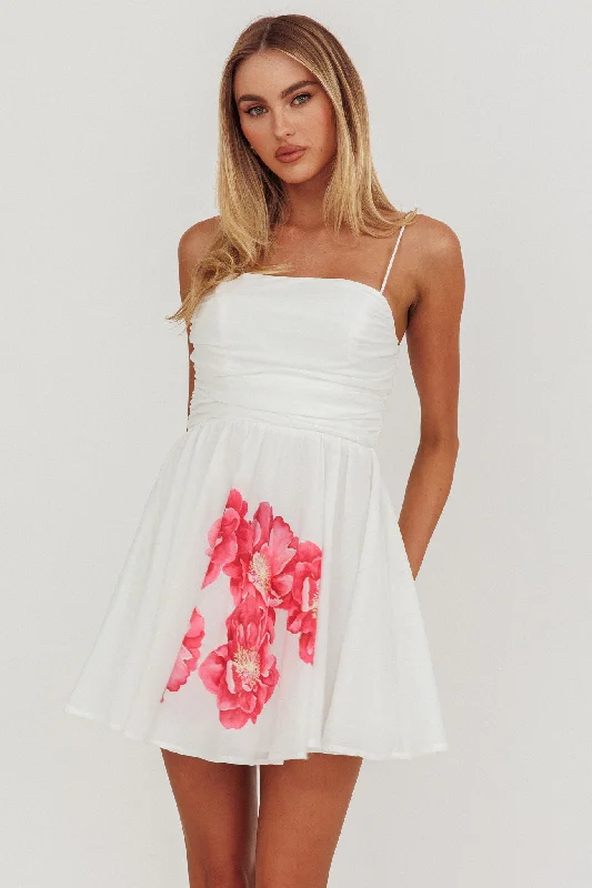 The Big Clearance Festivity Flared Bow Floral Mini Dress White