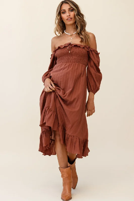 Weekend Mega Deals Flynn Off-Shoulder Shirred Bust Midi Dress Tan
