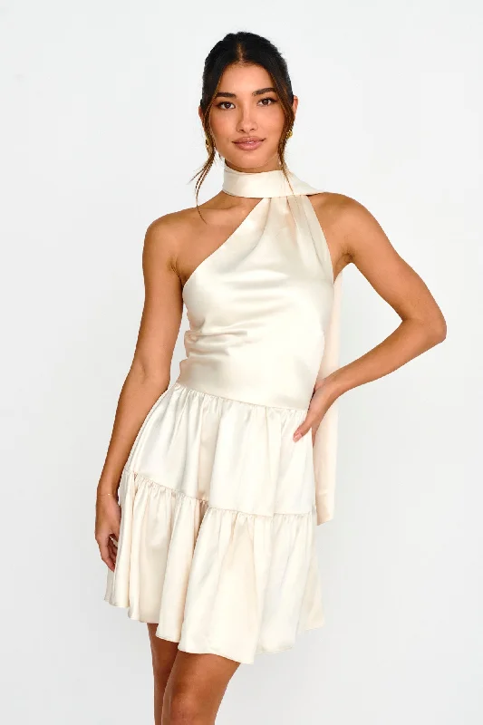 Weekend Specials Galore Gimme Love Open Back Flounce Mini Dress Oyster