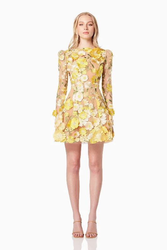 Goldenvoice 3D Floral Mini Dress In Yellow