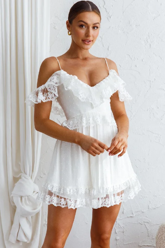 Weekend Discount Blast Good Morning Sunshine Off Shoulder Lace Frill Trim Mini Dress White