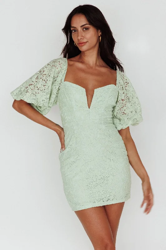 Special Shopping Event Good Vibes Puff Sleeve Deep V-Neckline Lace Mini Dress Sage