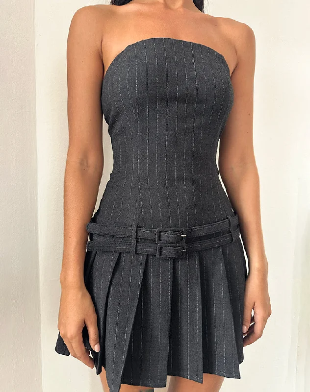 Haika Double Belt Mini Dress in Charcoal with White Stripe